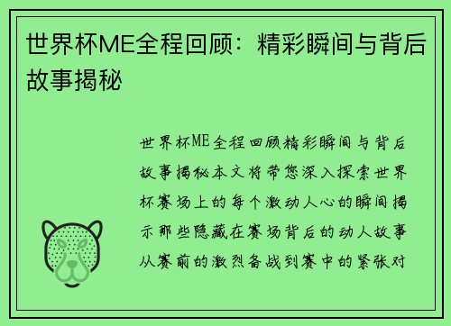 世界杯ME全程回顾：精彩瞬间与背后故事揭秘
